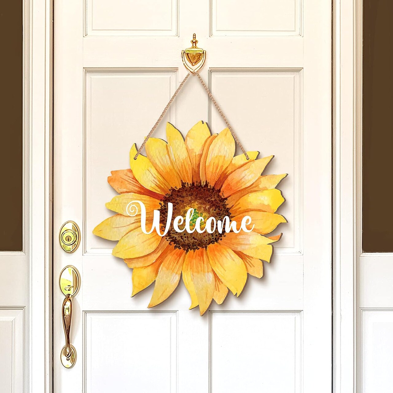 12" Sunflower Welcome Wood Door Hanger – Large Wooden Flower Sign for Summer Front Door, Porch, or Home Wall Decor